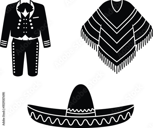 Mexican Traditional Clothing Icons Set with Mariachi Suit, Poncho and Sombrero Hat Silhouette Vector Illustration Collection