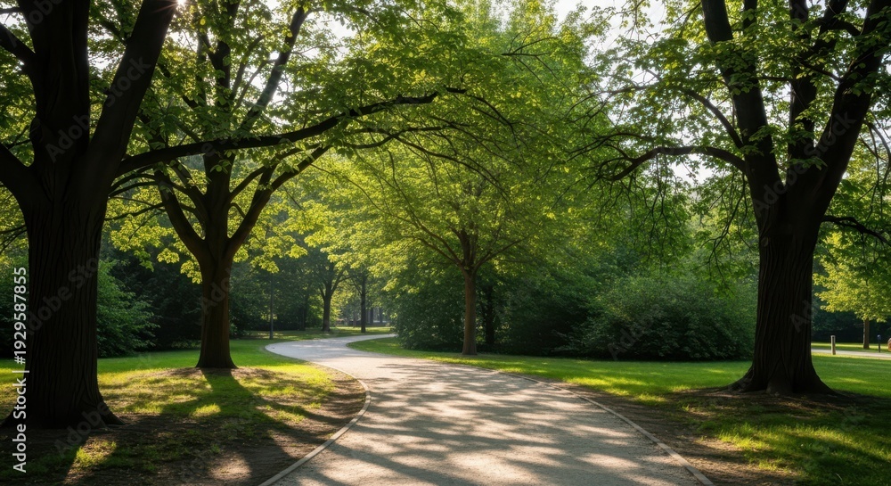 Fototapeta premium A serene pathway winding through a lush green park with towering trees and vibrant foliage on a sunny day from a frontal viewpoint