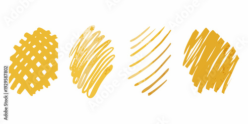 Four abstract yellow brushstroke patterns arranged horizontally across a white background