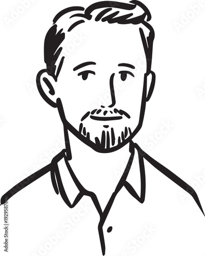 Hand Drawn Adult Man Black and White Avatar Illustration in Minimal Line Art Style Design