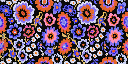 A vibrant repeating floral pattern with bold colors and stylized shapes