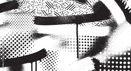 Black and white abstract art texture featuring drips, halftones, and energetic brush strokes for a grungy, modern, and expressive background.
