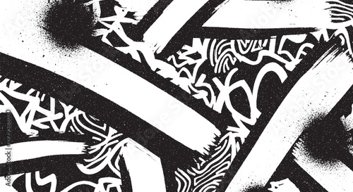 Vibrant graffiti-style abstract background in black and white, featuring bold brush strokes, scribbled lines, and spray paint for an urban, edgy look.