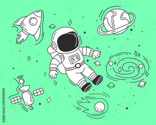 Space Doodle Set with Astronaut and Planets Vector Illustration