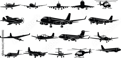 Airplane and helicopter silhouette collection, black and white aviation vector set with commercial, military and private aircraft isolated on white
