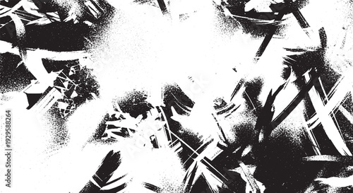 Energetic abstract background with black brush strokes, geometric shards, and white spray paint texture.