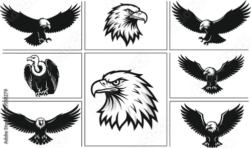 Bald eagle mascot collection with spread wings and head portraits, detailed black vector illustration set isolated on white background for logo design