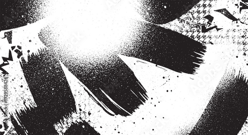 Abstract grunge background with dynamic black brush strokes, scattered elements, and white spray paint.