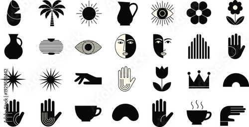 Boho abstract icon collection with sun, eye, hand and floral elements, Boho abstract icon collection with sun, eye, hand and floral elements