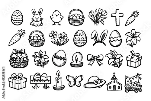 Hand drawn doodle easter elemetns isolated on white. Basket with colored eggs, bunny, carrot, tulips, glazed cake, candle, chick. 