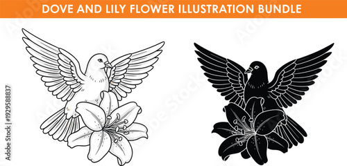Dove and lily flower illustration bundle, detailed black and white vector set with flying bird and floral elements isolated on white background