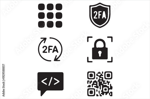 Black icons representing two factor authentication and digital security concepts