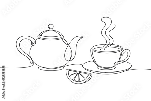 continuous line drawing of tea pot with tea leaves and cup
