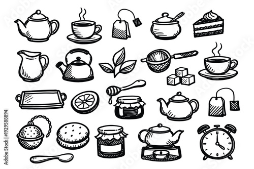continuous line drawing icons of tea pot with tea leaves and cup
