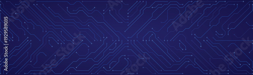 Abstract blue digital circuit board pattern background with intricate lines and connection points representing technology and data flow