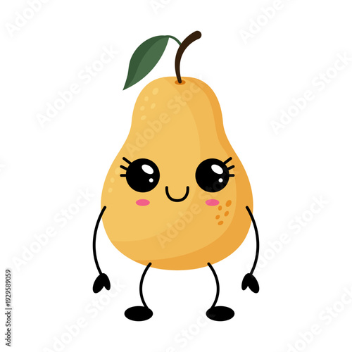 Cute kawaii yellow pear emoticon expression. Vector illustration isolated on transparent background