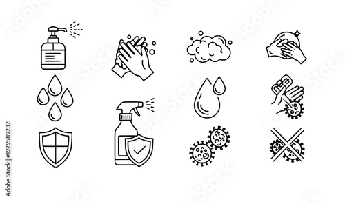 Outline Hygiene and Hand Sanitizing Icons for Cleaning and Safety