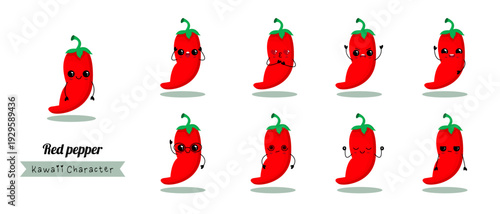 Set of Red Spicy Chilli Pepper Characters with Different Emotions. Vector Illustration