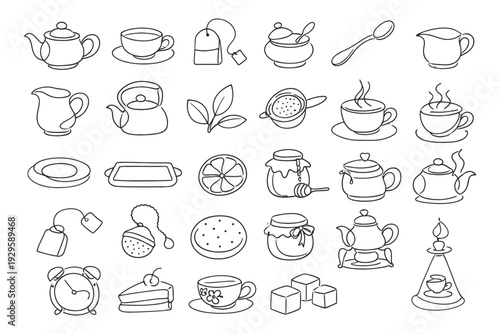 continuous line drawing icons of tea pot with tea leaves and cup
