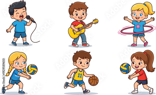 Children activity vector illustration with diverse kids singing, playing guitar, hula hooping and sports—ideal for educational artwork, school branding, lifestyle design and creative projects