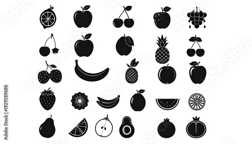 A diverse collection of various fruits and their corresponding silhouettes isolated on transparent background