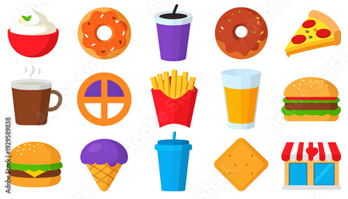 Assorted colorful food items and drinks on a white background isolated on transparent background