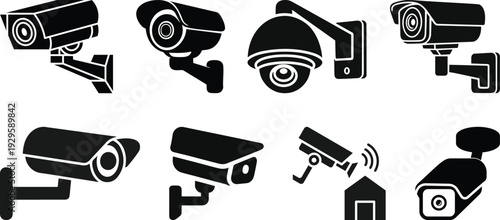 Various security cameras in black and white a modern surveillance silhouette.Various Black and White Security Camera Icons on Display.Assortment of black and white silhouette icons of various security