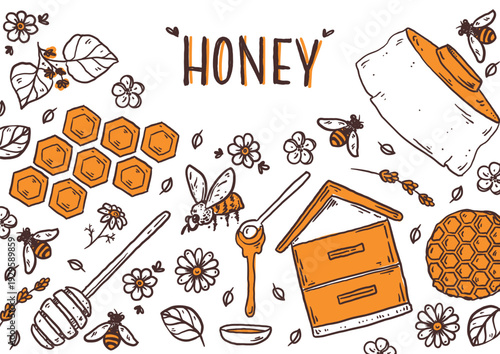  Hand drawn honey sketch. Doodles set. Hand drawn vector illustration for packaging design. Honeycomb, bee, flowers, jar of honey frame. Honey quirky icons, simple sketch style. Minimalist line art.