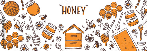  Hand drawn honey sketch. Doodles set. Hand drawn vector illustration for packaging design. Honeycomb, bee, flowers, jar of honey frame. Honey quirky icons, simple sketch style. Minimalist line art.