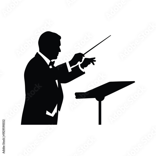 Music conductor silhouette directing orchestra symphony with baton at music stand stage performance theater illustration
