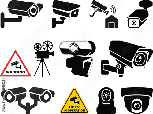 Various security cameras in black and white a modern surveillance silhouette.Various Black and White Security Camera Icons on Display.Assortment of black and white silhouette icons of various security
