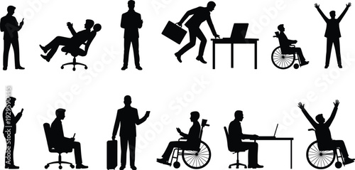 Silhouette illustrations of diverse people in workplace settings, inclusive design concept with professionals, laptops, wheelchairs, and communication for business projects