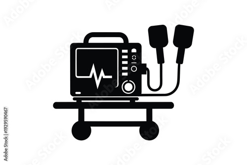 Defibrillator Machine Silhouette Art - Automated External Defibrillator On Medical Cart Silhouette
