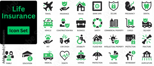 Silhouette vector of Life Insurance icon set. Protection symbols. Risk management. Home car health life travel finance pet fire policy. Security shield. Solid icons set. 