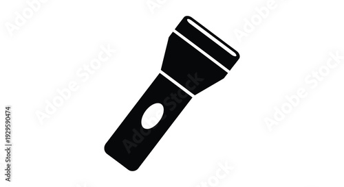 A stark black silhouette of a handheld flashlight is prominently displayed against a bright white background silhouette high quality