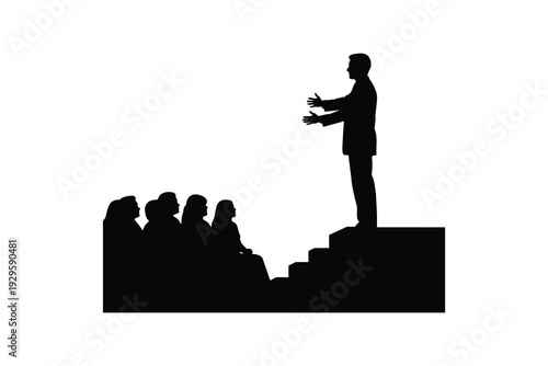 Business Speaker Presenting To Audience Silhouette - Corporate Presentation With Audience Black and White Silhouette
