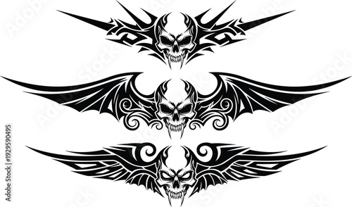 Aggressive Tribal Skull Vector Set with Bat Wings and Sharp Gothic Elements for Motorcycle Decals Tattoo Designs and Edgy Streetwear Graphics