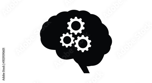 A black silhouette of a human brain is depicted with several white gears inside representing thought processes silhouette