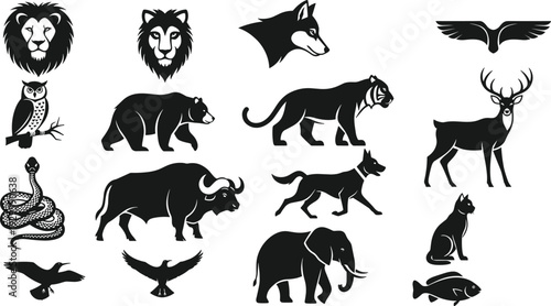 Wild animal silhouette collection with lion, wolf, tiger, bear, deer and eagle, black vector icon set isolated on white background