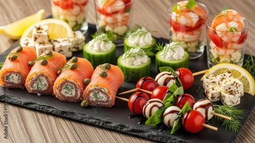 A beautifully arranged platter of assorted appetizers and finger foods