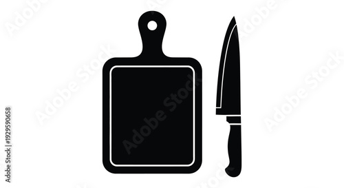 A stark black silhouette displays a cutting board and knife showcasing kitchen tools in a minimalist style silhouette