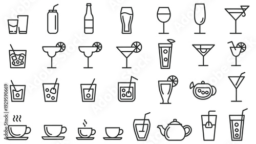 beverage and cocktail line icons, minimalistic alcohol symbols, bar menu elements, cold and hot tea coffee glassware, party liquid linear graphic vector set for modern restaurant branding and nightlif