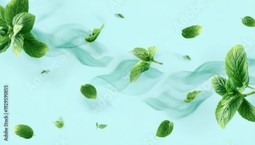 Fresh green leaves and minty swirls drift across a pastel blue background