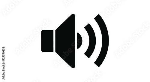 A simple black speaker icon with radiating sound waves is prominently displayed against a white background silhouette high quality