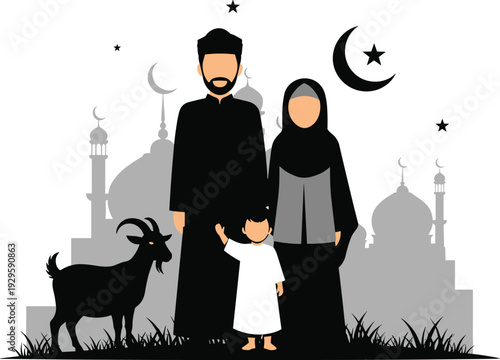eid al adha muslim family with goat قربانی celebration islamic festival parents child mosque background vector illustration
