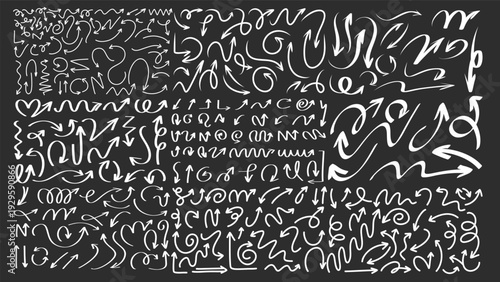 Collection of hand-drawn white arrows, chalk style doodle arrow pointers on dark background, Vector illustration EPS 10