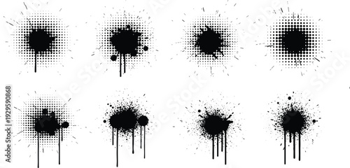 Set of black ink splash and paint splatter elements with halftone dots and dripping liquid effects for urban grunge designs.