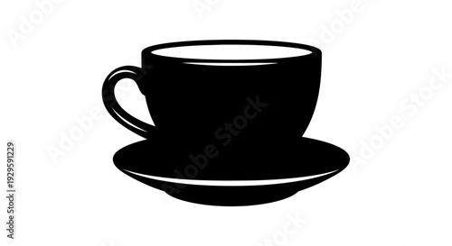 Black coffee cup and saucer on white background simple design flat illustration modern style