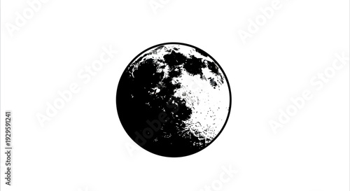 Moon phase illustration in black and white with crater details on a white background