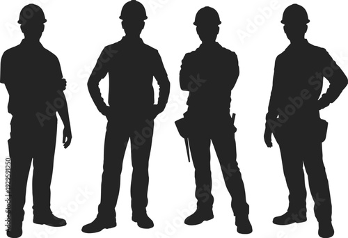 Silhouettes of construction workers wearing hard hats, industrial labor team illustration, engineering workforce concept, occupational safety and teamwork design for industry and architecture projects